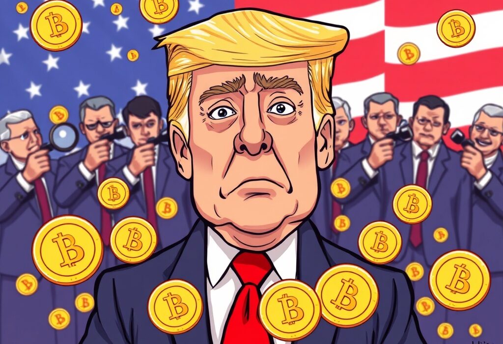 Cartoon showing Argentine opposition investigating President Milei's LIBRA involvement and memecoin promotion controversy.