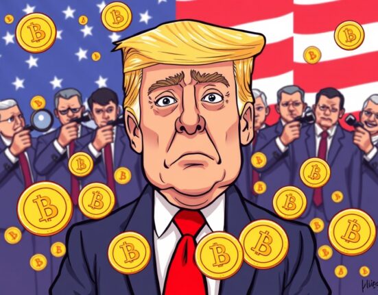 Cartoon showing Argentine opposition investigating President Milei's LIBRA involvement and memecoin promotion controversy.