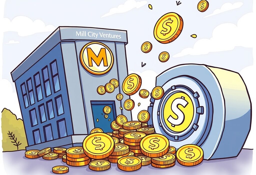 A cartoon illustration showing Mill City Ventures making a significant SUI crypto purchase, symbolizing institutional investment in digital assets.