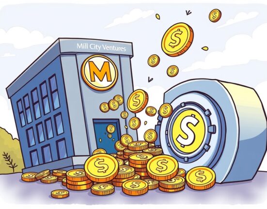 A cartoon illustration showing Mill City Ventures making a significant SUI crypto purchase, symbolizing institutional investment in digital assets.