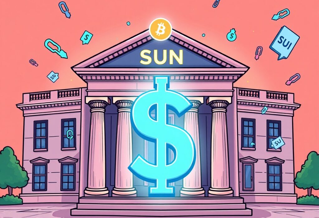 A cartoon illustration showing a traditional financial building transforming into a digital crypto landscape, representing Mill City Ventures SUI strategy.