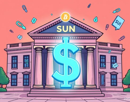 A cartoon illustration showing a traditional financial building transforming into a digital crypto landscape, representing Mill City Ventures SUI strategy.