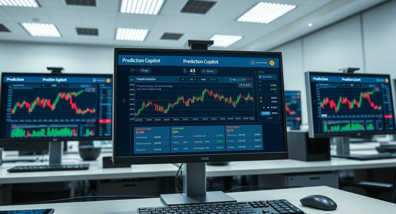 AI trading dashboard showing Bitcoin prediction market data on a modern office desk.