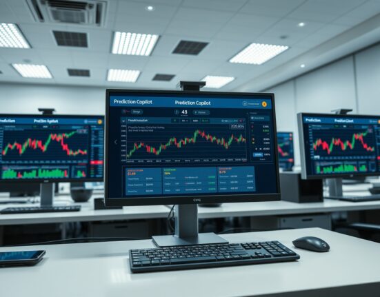 AI trading dashboard showing Bitcoin prediction market data on a modern office desk.
