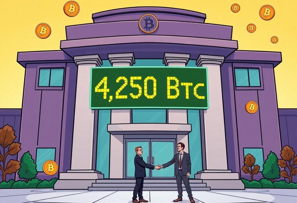 A cartoon image of a corporate building with Bitcoin symbols, representing Mingcheng Group's significant Bitcoin acquisition and institutional adoption.