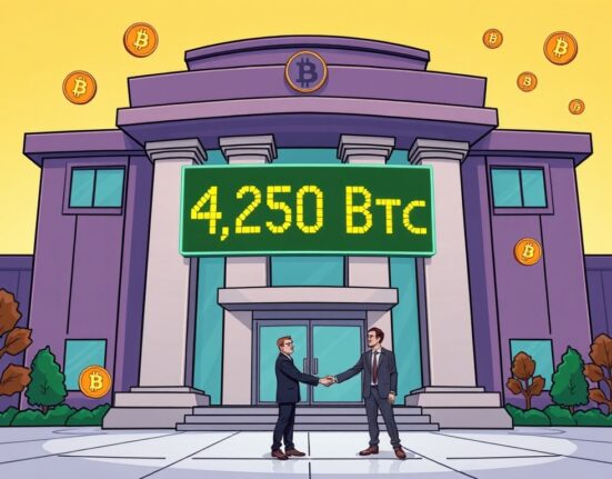 A cartoon image of a corporate building with Bitcoin symbols, representing Mingcheng Group's significant Bitcoin acquisition and institutional adoption.