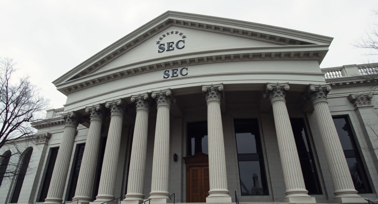 Exterior of a federal courthouse or SEC building representing legal action in crypto mining fraud case