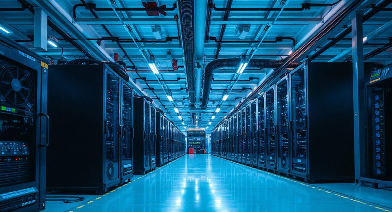 Cryptocurrency mining facility with AI data center servers, representing the pivot to infrastructure hosting.