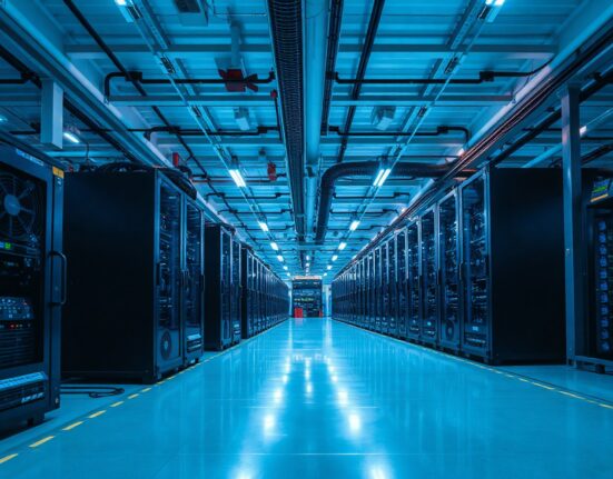 Cryptocurrency mining facility with AI data center servers, representing the pivot to infrastructure hosting.
