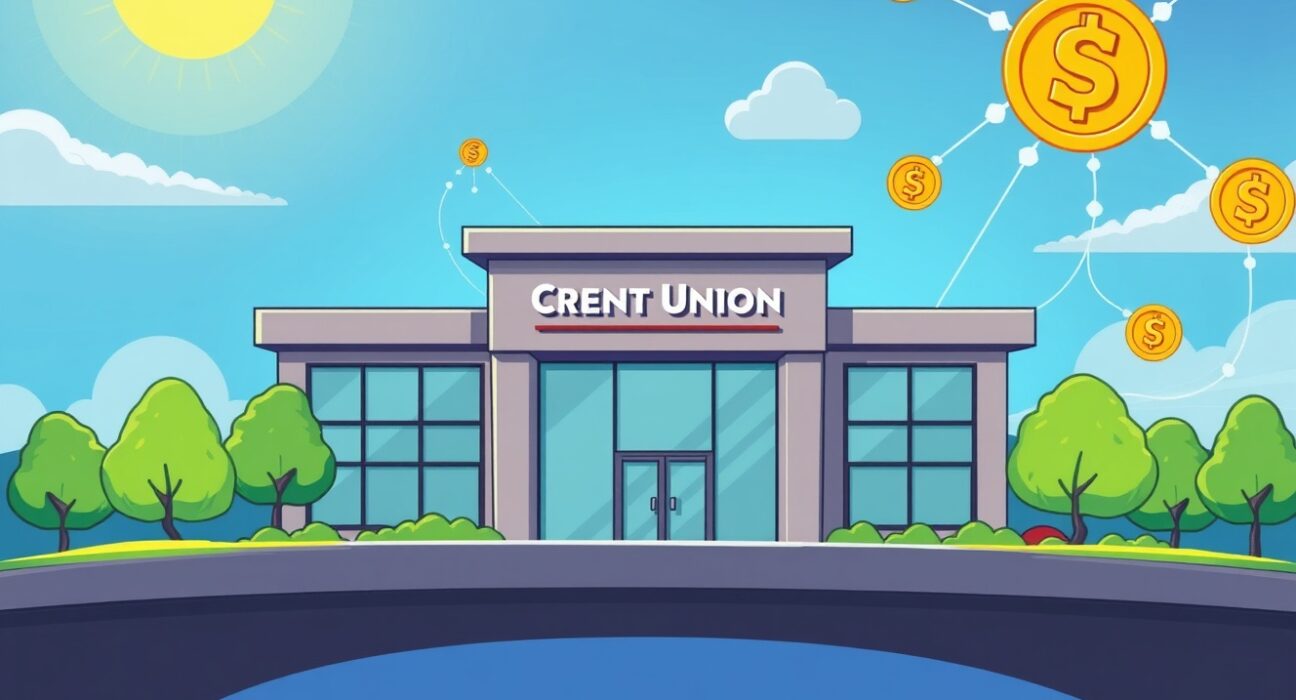 A cartoon illustration of a credit union building with digital currency symbols and blockchain elements, symbolizing the launch of a new credit union stablecoin.