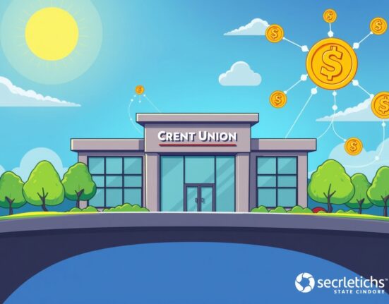A cartoon illustration of a credit union building with digital currency symbols and blockchain elements, symbolizing the launch of a new credit union stablecoin.