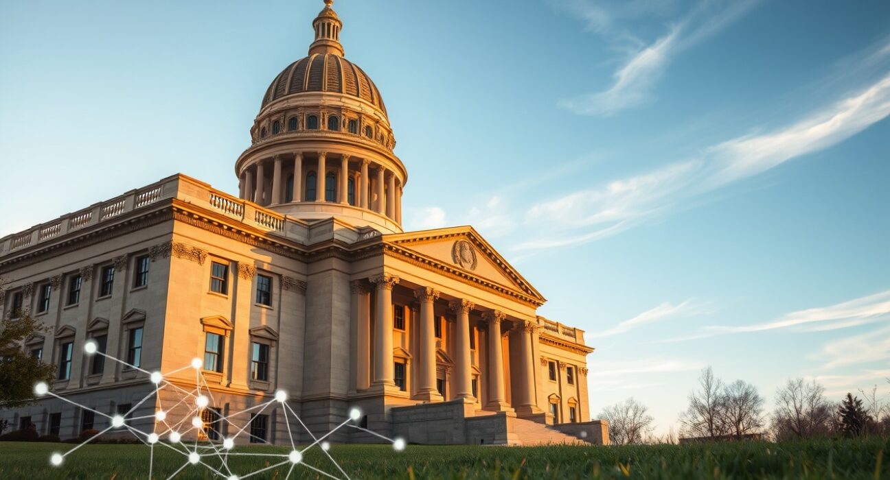 Minnesota State Capitol building with subtle digital blockchain elements in foreground representing new crypto custody law