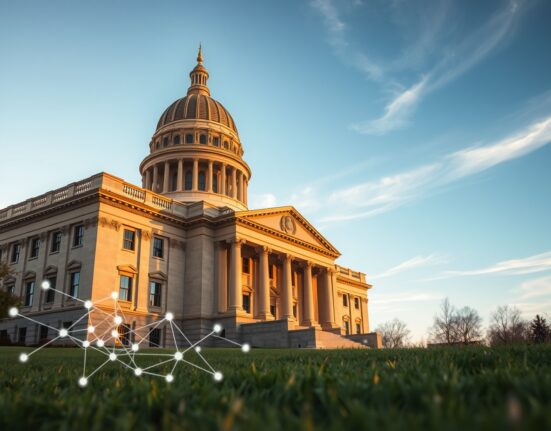 Minnesota State Capitol building with subtle digital blockchain elements in foreground representing new crypto custody law