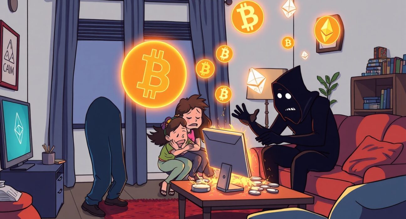 Cartoon illustration of a shocking Minnesota crypto theft involving brothers, highlighting the serious nature of digital asset security.