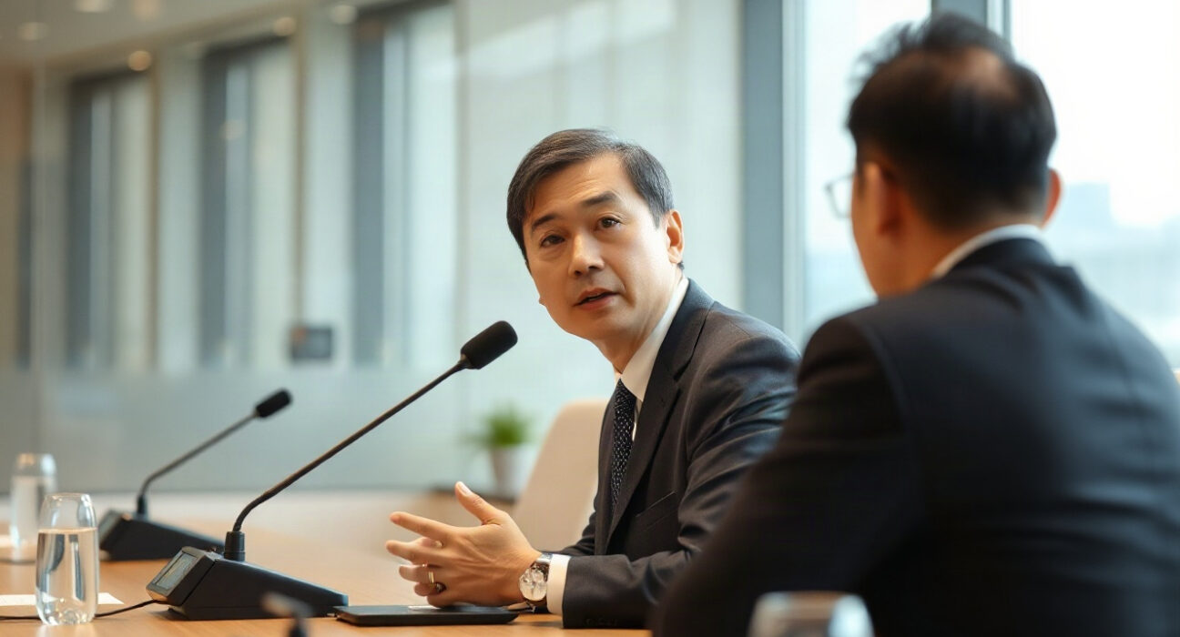 Mirae Asset Chairman Park Hyeon-joo speaking at a press meeting in Seoul
