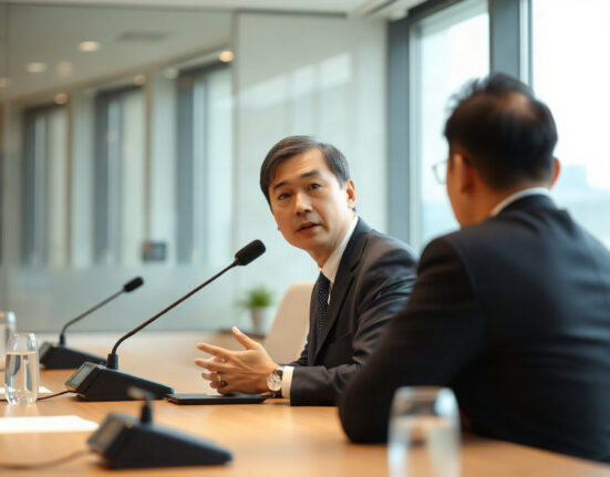 Mirae Asset Chairman Park Hyeon-joo speaking at a press meeting in Seoul