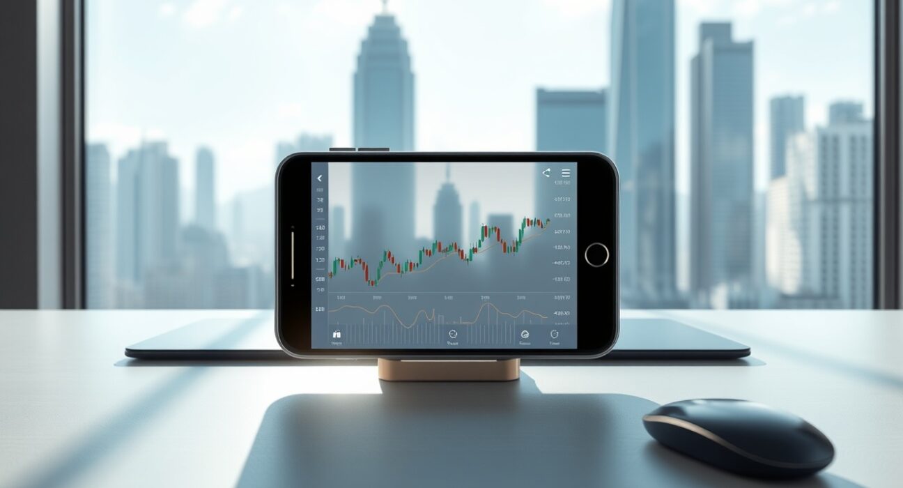 Mirae Asset's new Hong Kong crypto trading platform on a smartphone with city skyline.