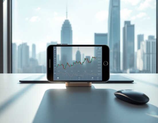 Mirae Asset's new Hong Kong crypto trading platform on a smartphone with city skyline.