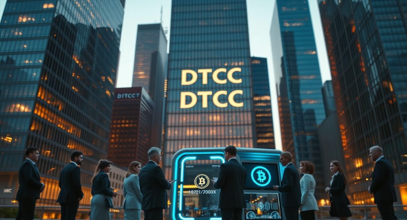 DTCC building at dusk with financial professionals discussing tokenization, representing institutional blockchain adoption in securities markets.