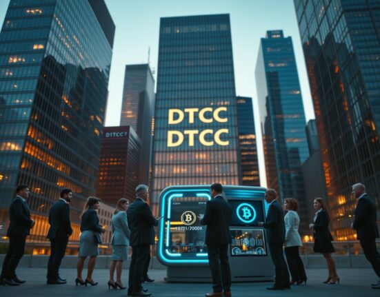 DTCC building at dusk with financial professionals discussing tokenization, representing institutional blockchain adoption in securities markets.