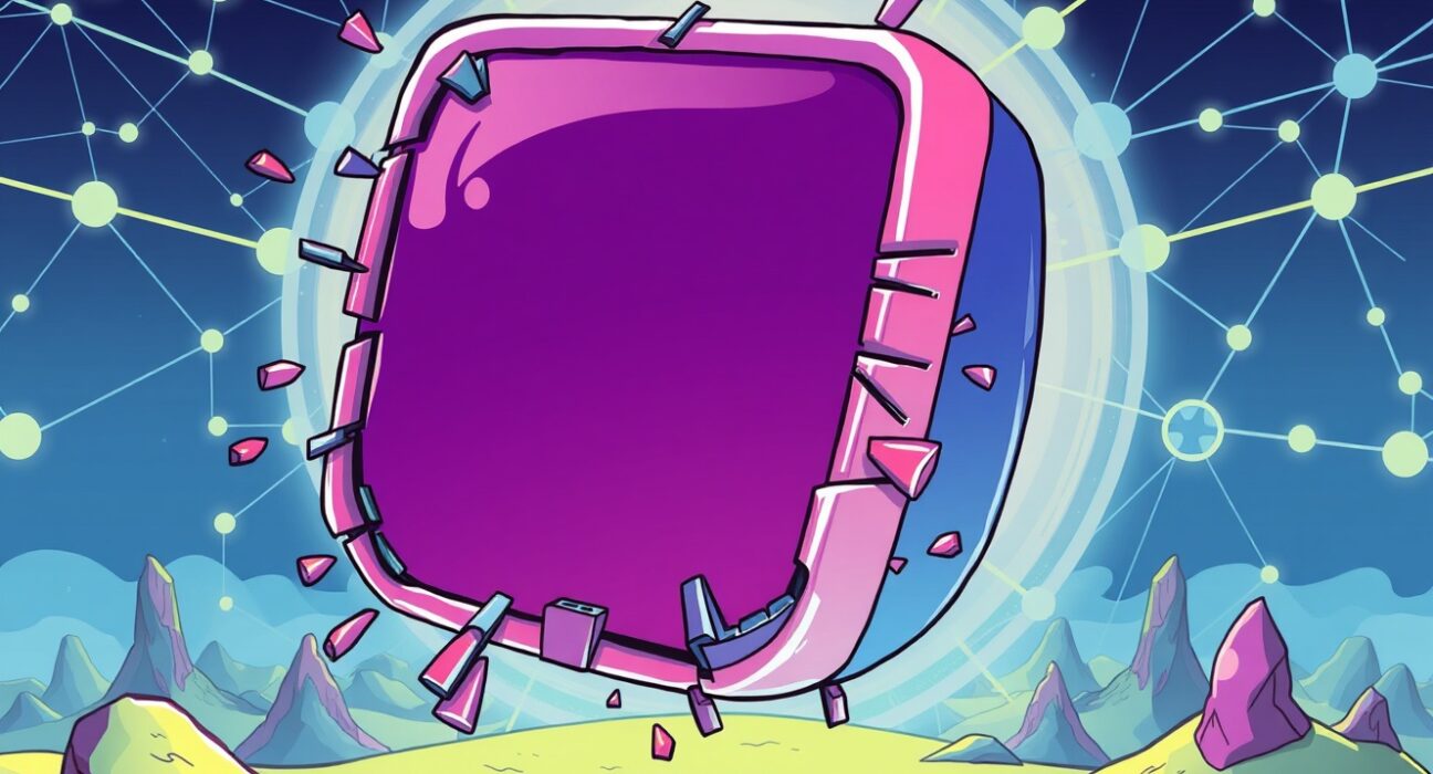 Cartoon illustration depicting the Mirror shutdown, showing a digital mirror merging into the Paragraph platform, symbolizing the integration of Web3 content.