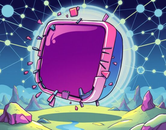 Cartoon illustration depicting the Mirror shutdown, showing a digital mirror merging into the Paragraph platform, symbolizing the integration of Web3 content.