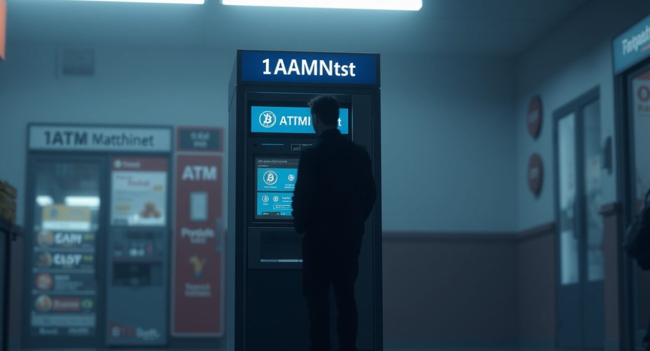 Cryptocurrency ATM in a dimly lit public setting, representing CoinFlip legal case in Missouri