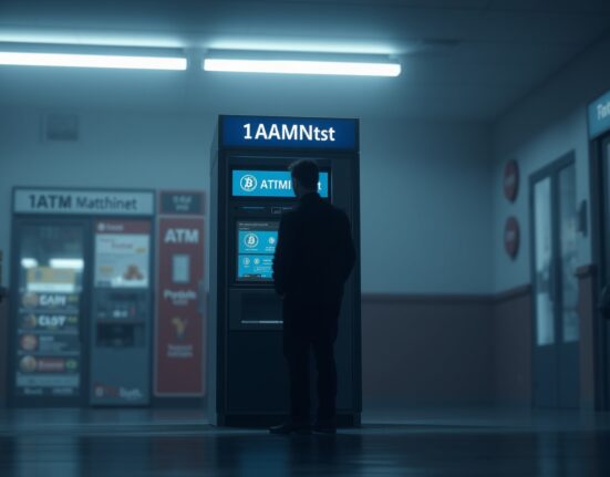 Cryptocurrency ATM in a dimly lit public setting, representing CoinFlip legal case in Missouri