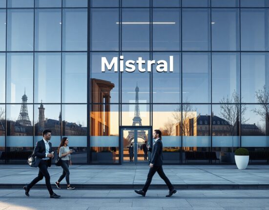 Exterior of Mistral AI headquarters in Paris on a sunny morning