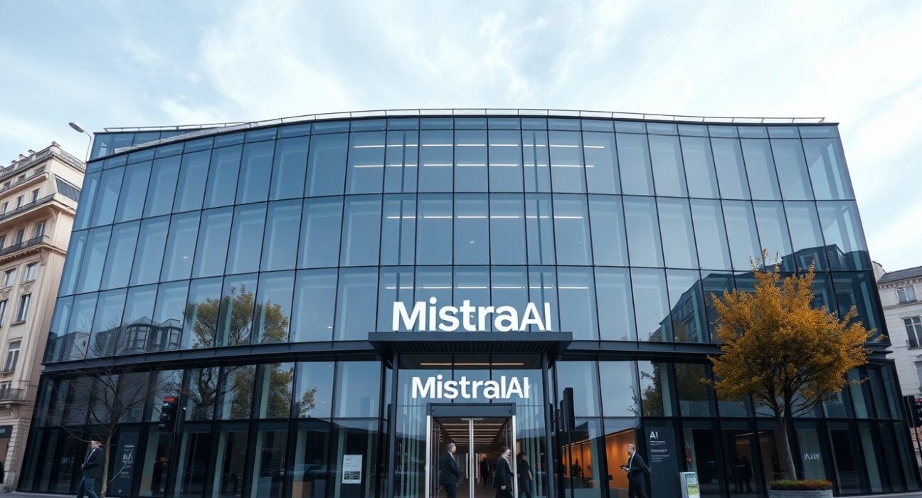 Mistral AI headquarters in Paris, modern building with professionals outside, overcast daylight