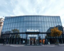 Mistral AI headquarters in Paris, modern building with professionals outside, overcast daylight