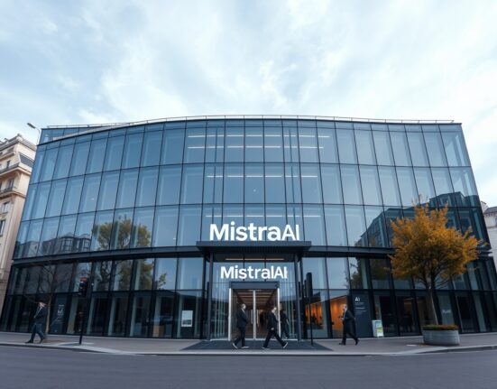 Mistral AI headquarters in Paris, modern building with professionals outside, overcast daylight