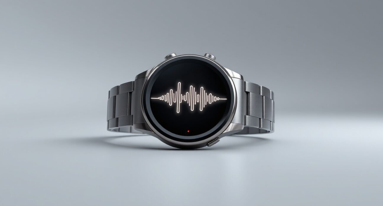 Mistral AI's Voxtral TTS speech generation model visualized on a smartwatch, representing its edge-device capability.