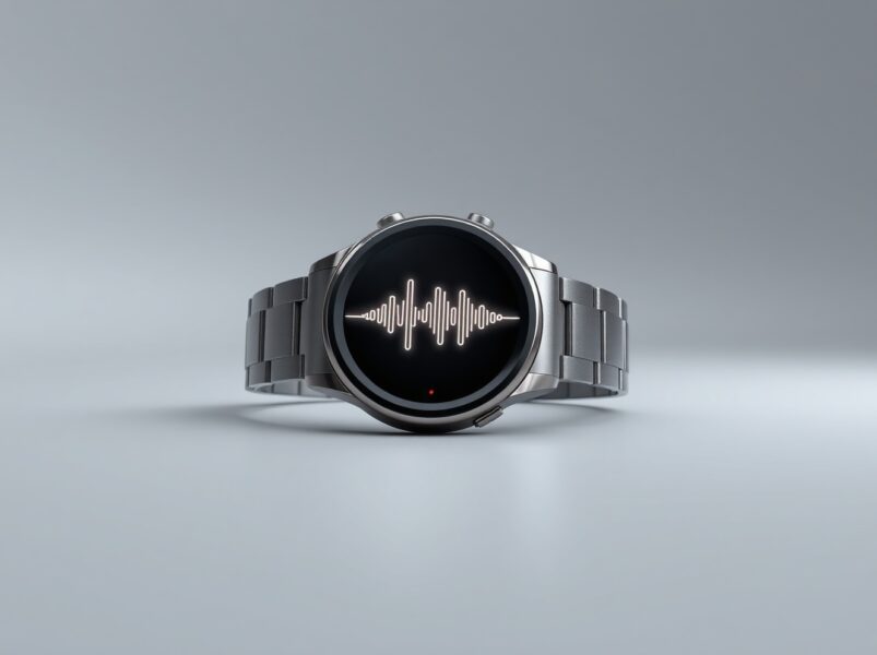 Mistral AI's Voxtral TTS speech generation model visualized on a smartwatch, representing its edge-device capability.