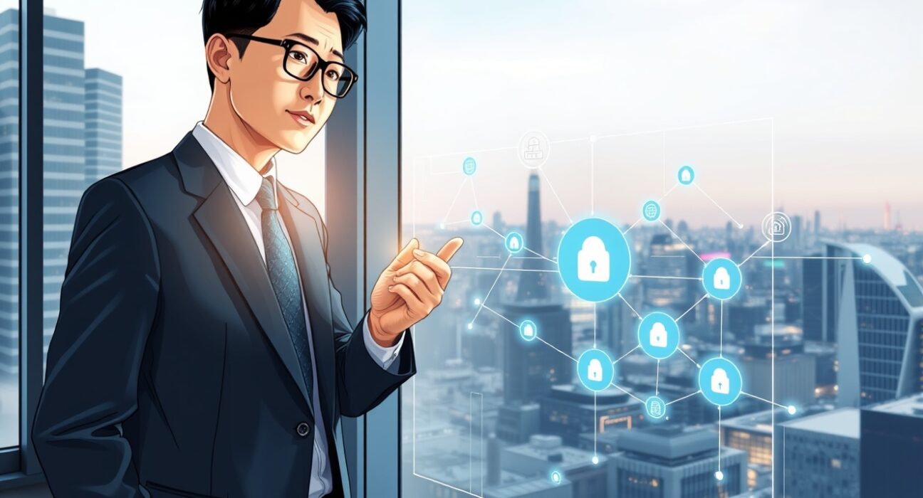 Mitsubishi Corporation executive reviewing blockchain payment system in Tokyo office for global fund transfers.