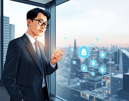 Mitsubishi Corporation executive reviewing blockchain payment system in Tokyo office for global fund transfers.