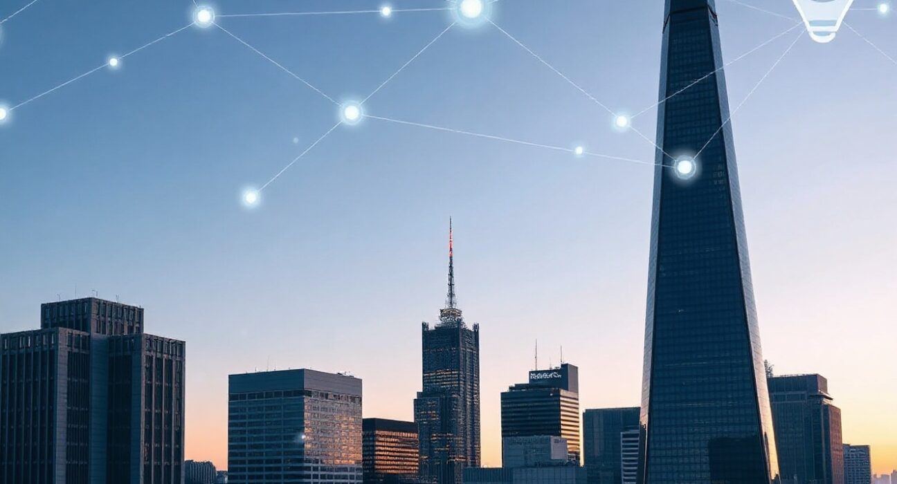 Tokyo financial district with digital blockchain network overlay representing Mitsubishi UFJ's planned settlement system.
