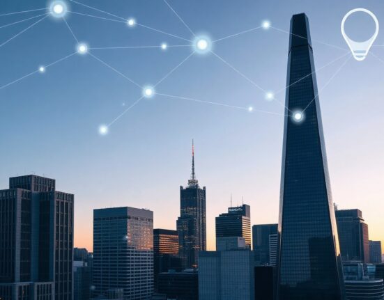 Tokyo financial district with digital blockchain network overlay representing Mitsubishi UFJ's planned settlement system.