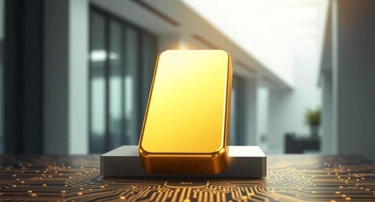 Gold bullion bar on a digital circuit board representing Mitsui's gold-backed RWA token on the blockchain.