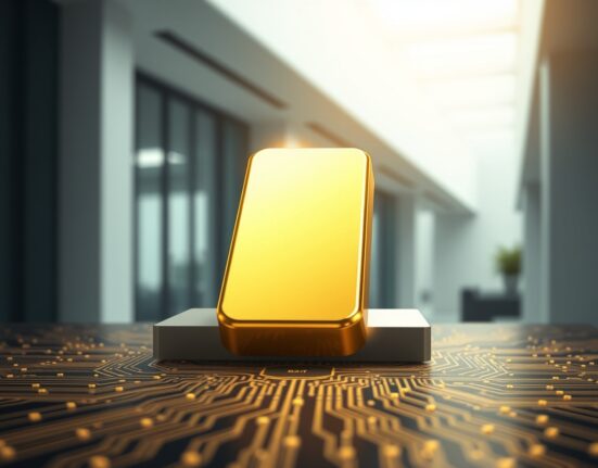 Gold bullion bar on a digital circuit board representing Mitsui's gold-backed RWA token on the blockchain.