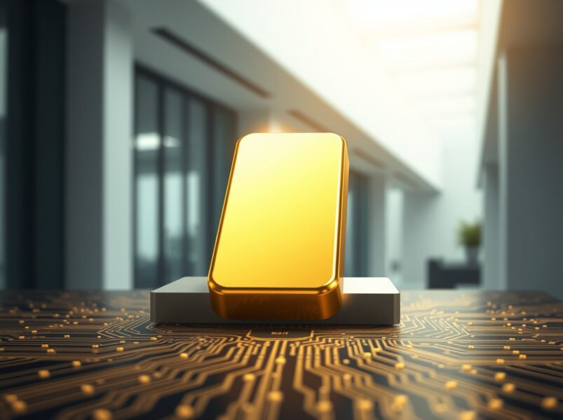 Gold bullion bar on a digital circuit board representing Mitsui's gold-backed RWA token on the blockchain.