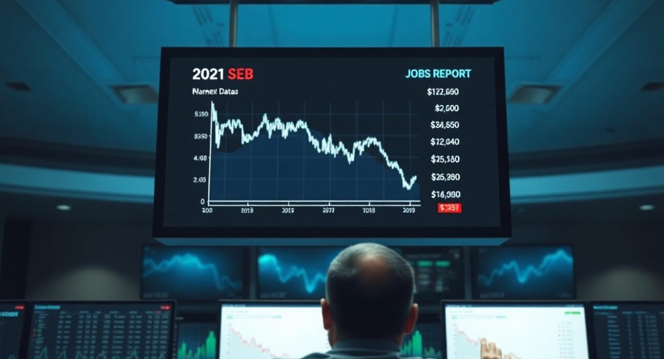 Financial data screens showing mixed signals from the latest US jobs report.