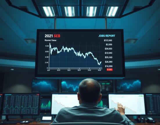 Financial data screens showing mixed signals from the latest US jobs report.