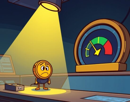 A cartoon illustration depicting the MixMarvel token under close scrutiny on a crypto exchange, symbolizing its MixMarvel closely monitored status.