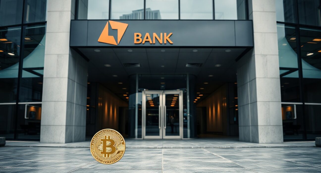 Modern bank building with digital blockchain overlay representing Circle's OCC trust bank approval and stablecoin regulation