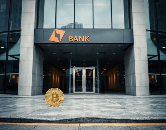 Modern bank building with digital blockchain overlay representing Circle's OCC trust bank approval and stablecoin regulation