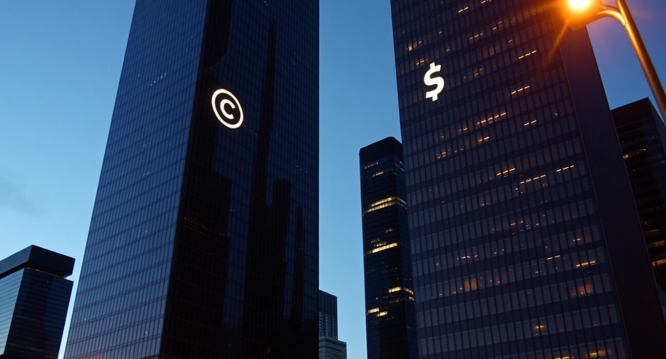 Two modern skyscrapers in a financial district at dusk, representing competing stablecoin firms Circle and Open USD.