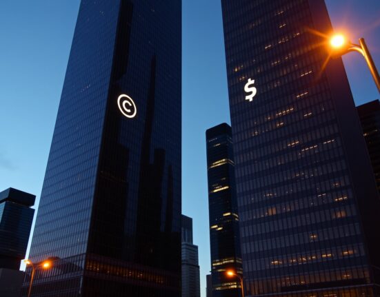 Two modern skyscrapers in a financial district at dusk, representing competing stablecoin firms Circle and Open USD.