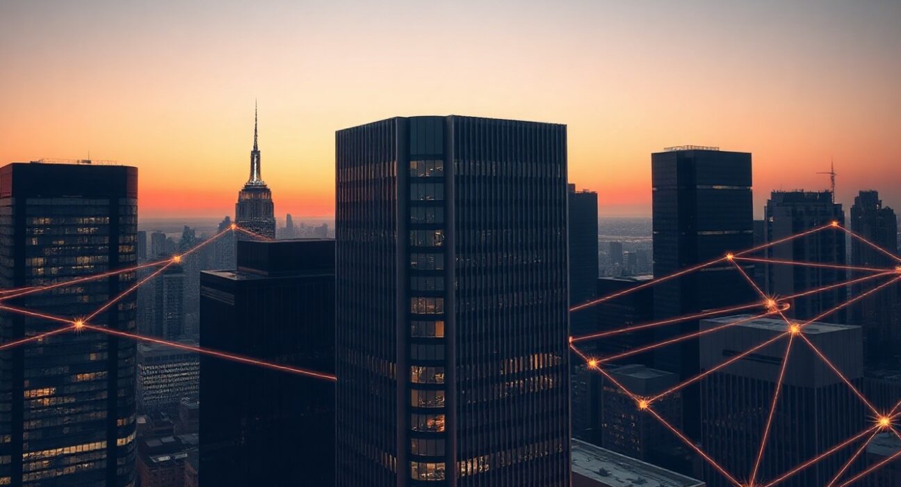 Financial district skyline with digital network overlay symbolizing crypto custody and regulatory developments