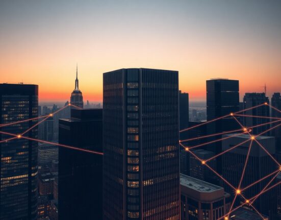 Financial district skyline with digital network overlay symbolizing crypto custody and regulatory developments